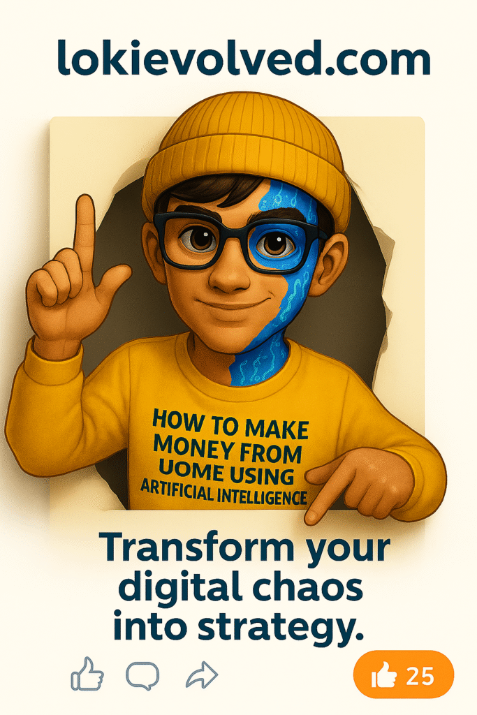 Digital illustration of a young AI expert with a cybernetic face, wearing a yellow shirt, pointing upward in a confident pose with the phrase “How to Make Money from Home Using Artificial Intelligence