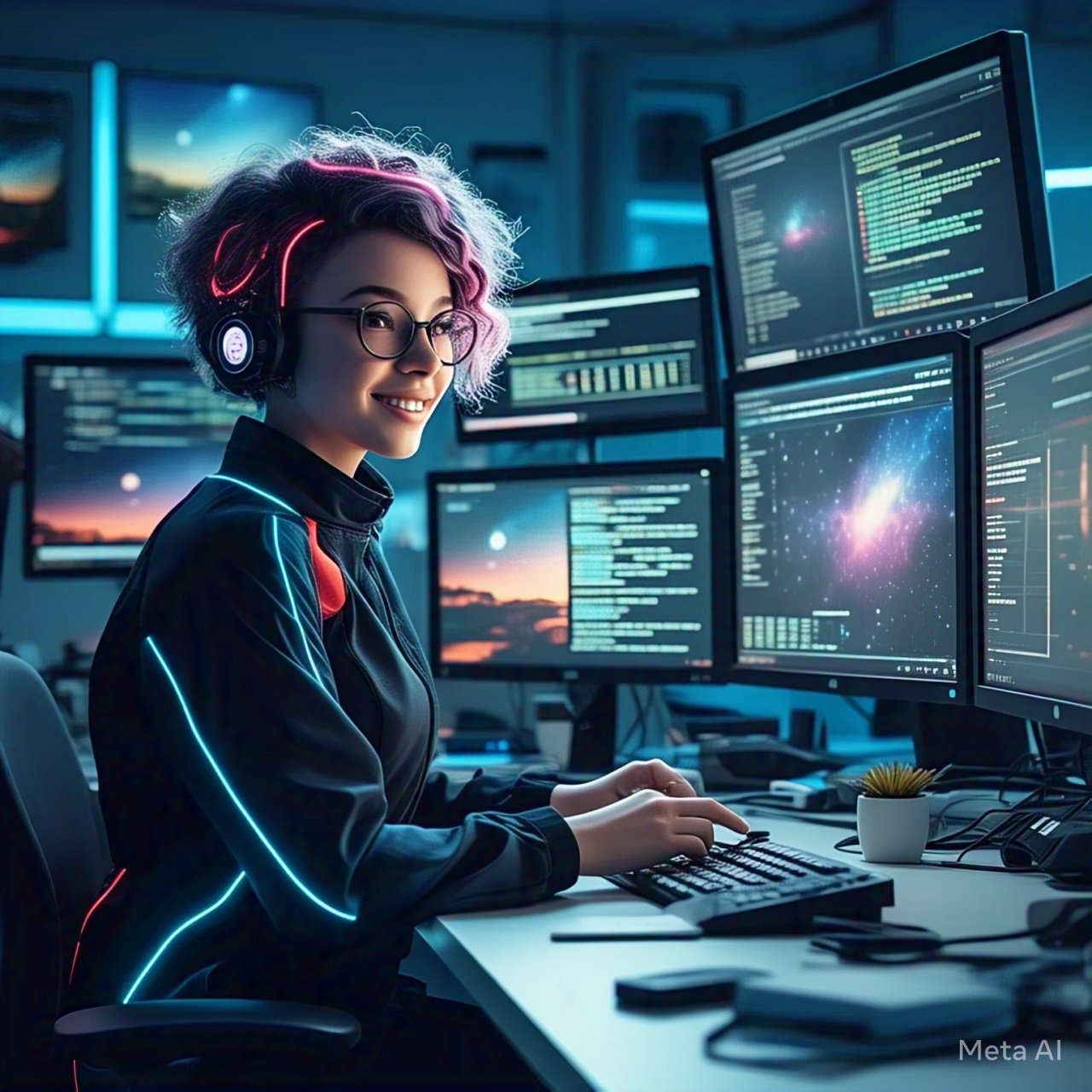 AI assistant managing customer support, social media, and sales analytics in a digital workspace.