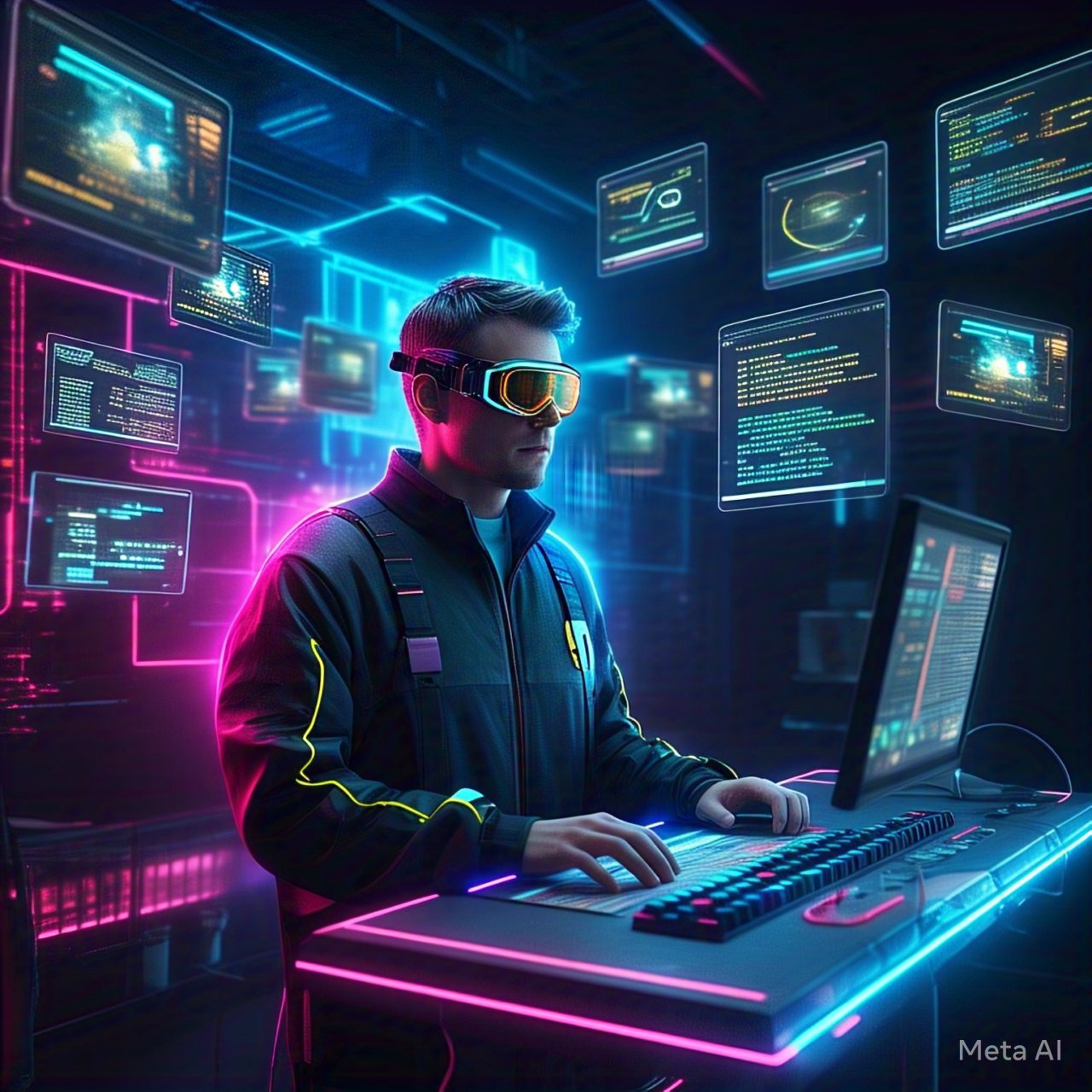 Futuristic entrepreneur using AI to automate online business tasks, with floating digital panels and neon glow.