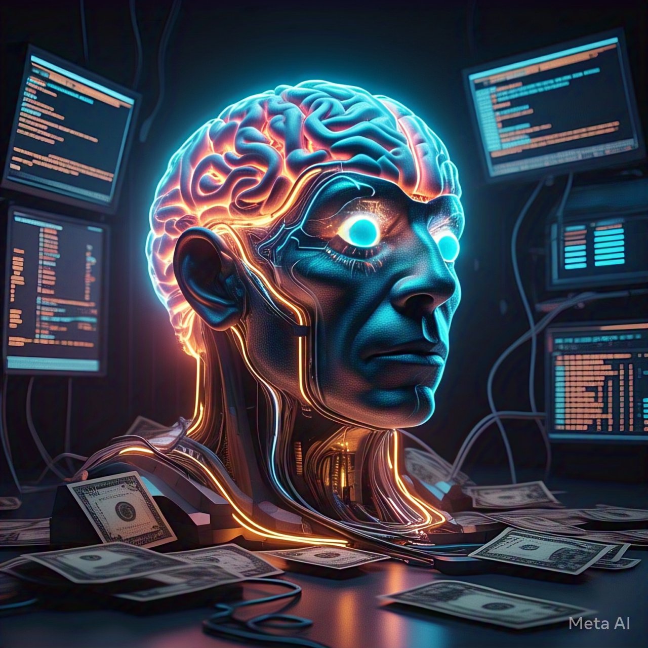 Representation of artificial intelligence connected to money and technology