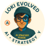 Round logo for Loki Evolved showing a futuristic AI character with circuitry and the text “AI. Strategy. Power.” for digital identity branding.