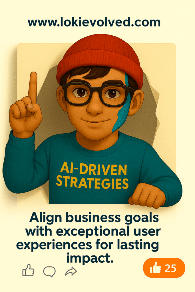 Digital illustration of a young man in a red beanie and futuristic blue sweater that reads "AI-Driven Strategies", promoting AI-powered business growth on lokievolved.com