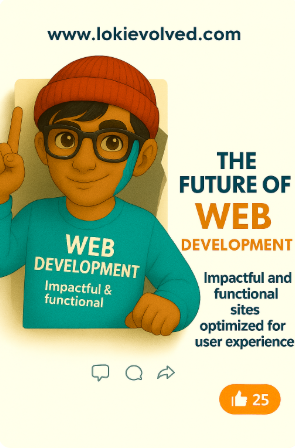 Cartoon character with red beanie and glasses promoting web development for lokievolved.com with the phrase “The Future of Web Development – Impactful and functional sites optimized for user experience.”